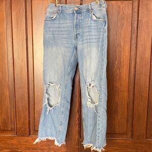 Free People Blue Distressed Jeans Size 27 Cut Off Knee Holes Cotton Button Fly